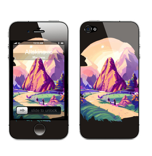 Наклейка на Телефон Apple iPhone 4S, 4 Летний горный пейзаж,  купить в Москве – интернет-магазин Allskins, поп-арт, читатель, лето, путешествия, яркий, модный, стильно, молодежный, бежевый, зеленый, фиолетовый, природный, горы, хиппи