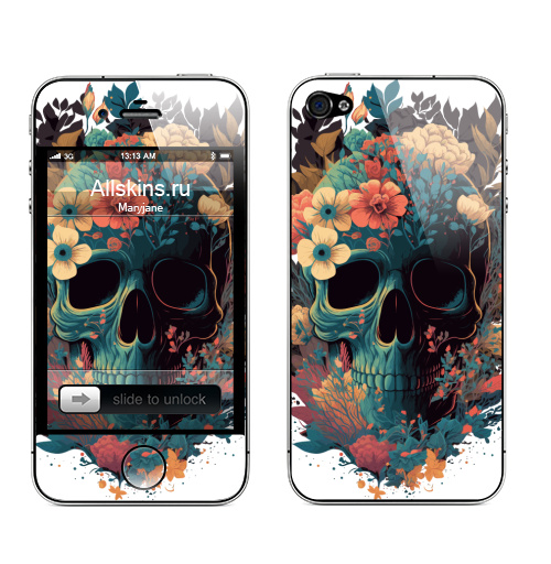 Наклейка на Телефон Apple iPhone 4S, 4 Цветастый череп,  купить в Москве – интернет-магазин Allskins, сюрреализм, череп, цветы