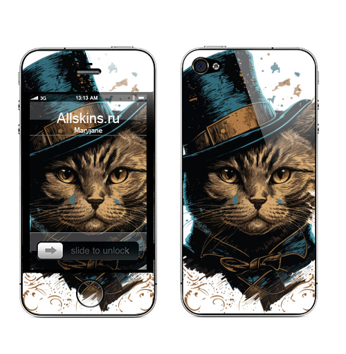 Наклейка на Телефон Apple iPhone 4S, 4 Кот в цилиндре,  купить в Москве – интернет-магазин Allskins, поп-арт, котята, котопринт, популярный, шляпа, искусство