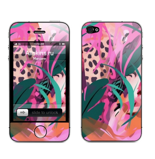 Наклейка на Телефон Apple iPhone 4S, 4 Дикая природа в тропическом лесу,  купить в Москве – интернет-магазин Allskins, поп-арт, природа, леопард, тропические, тропики, растение, розовый, зеленый, леопардовый, оранжевый, живописный, абстракция