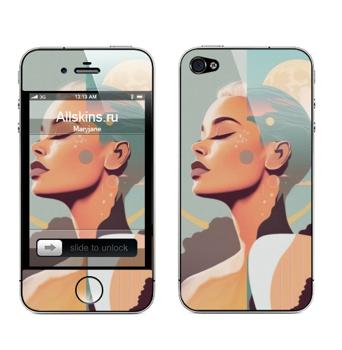 Наклейка на Телефон Apple iPhone 4S, 4 Лунный свет в тропическом раю,  купить в Москве – интернет-магазин Allskins, сюрреализм, девушка, луна, тропики, небо, пейзаж, ретро, серфинг, портреты, женственно, голубой