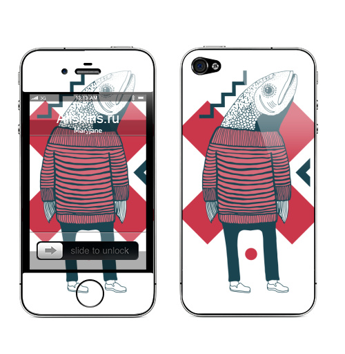Наклейка на Телефон Apple iPhone 4S, 4 Рыба в свитере,  купить в Москве – интернет-магазин Allskins, рыба, минимализм