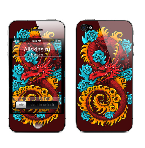 Наклейка на Телефон Apple iPhone 4S, 4 Дракон,  купить в Москве – интернет-магазин Allskins, динозавры, монстры, дракон, Китай, восемь