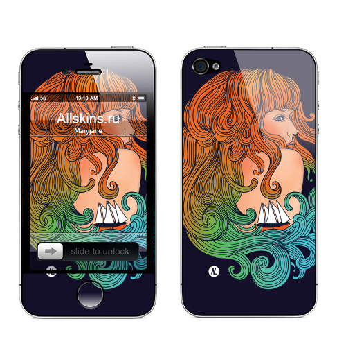 Наклейка на Телефон Apple iPhone 4S, 4 Girl & sea,  купить в Москве – интернет-магазин Allskins, волосы, девушка, морская, романтика