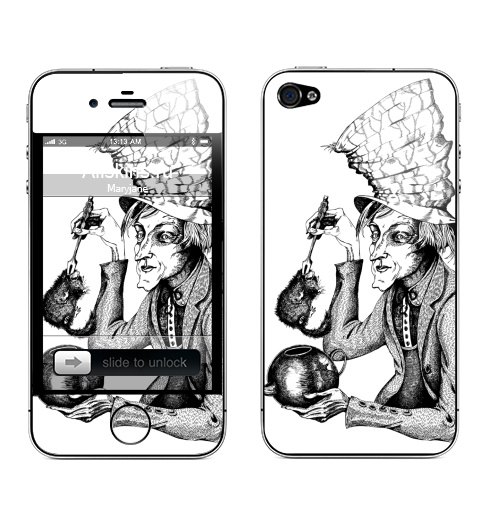 Наклейка на Телефон Apple iPhone 4S, 4 Сможет ли Соня жить в чайнике?,  купить в Москве – интернет-магазин Allskins, Алиса в стране чудес, графика, шляпа, чай и кофе