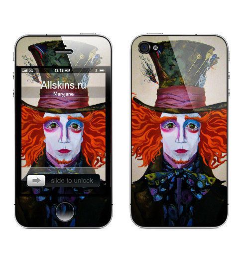 Наклейка на Телефон Apple iPhone 4S, 4 Безумный,  купить в Москве – интернет-магазин Allskins, кино, Алиса в стране чудес, шляпа, сумашествие
