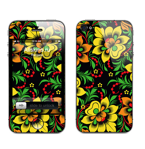 Наклейка на Телефон Apple iPhone 4S, 4 DarkFlowersfromRussia,  купить в Москве – интернет-магазин Allskins, цветы, Россия, паттерн, хохлома