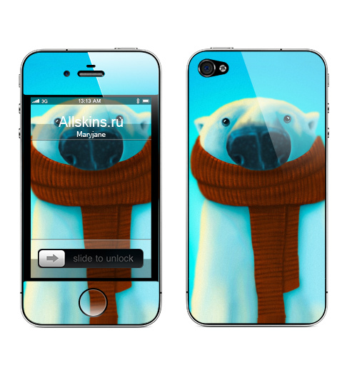 Наклейка на Телефон Apple iPhone 4S, 4 Михаил Белошубов,  купить в Москве – интернет-магазин Allskins, крутые животные, зима, медведь, шарф, детские, 300 Лучших работ, милые животные