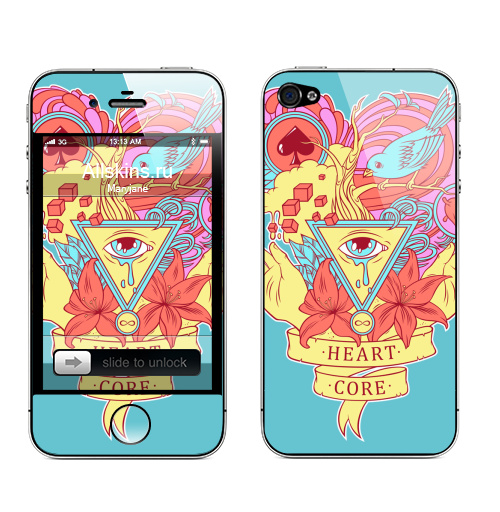 Наклейка на Телефон Apple iPhone 4S, 4 Heart core,  купить в Москве – интернет-магазин Allskins, для_влюбленных, святое, птицы, глаз, руки, любовь, цветы, татуировки, 300 Лучших работ
