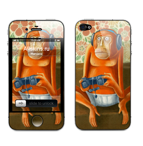 Наклейка на Телефон Apple iPhone 4S, 4 Just play,  купить в Москве – интернет-магазин Allskins, милые животные, 300 Лучших работ, гики, джойстик, обезьяна, приставка
