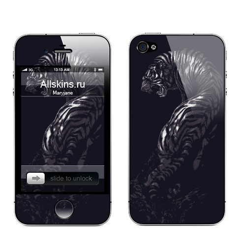 Наклейка на Телефон Apple iPhone 4S, 4 Tiger,  купить в Москве – интернет-магазин Allskins, милые животные, 300 Лучших работ, черный, черно-белое, природа, ночь, луна, тигры