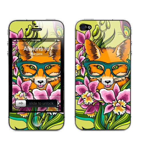 Наклейка на Телефон Apple iPhone 4S, 4 Лиса в очечах,  купить в Москве – интернет-магазин Allskins, 8 марта, орхидея, рыжая, хипстер, яркий, очки, бабочки, лиса, цветы