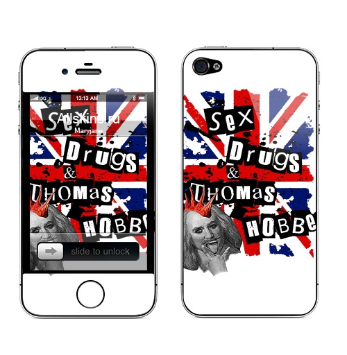 Наклейка на Телефон Apple iPhone 4S, 4 SEX DRUGS THOMAS HOBBES,  купить в Москве – интернет-магазин Allskins, девичник, гоббс, томас, секс, панк, дым, драгс, политика