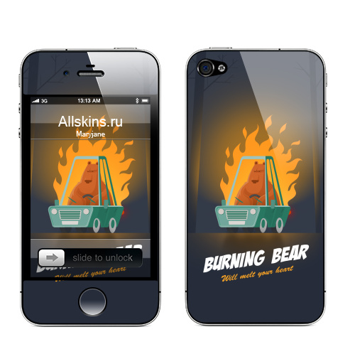 Наклейка на Телефон Apple iPhone 4S, 4 Горящий медведь,  купить в Москве – интернет-магазин Allskins, надписи на английском, типографика, животные, огонь, любовь, надписи, автомобиль, графика, лес, медведь, для влюбленных
