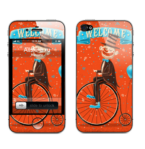 Наклейка на Телефон Apple iPhone 4S, 4 Пенни-фартинг цирк,  купить в Москве – интернет-магазин Allskins, пеннифартинг, цирк, велосипед, бабочки, улыбка, детские