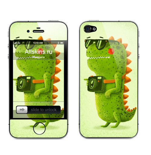 Наклейка на Телефон Apple iPhone 4S, 4 Dino touristo hipsto,  купить в Москве – интернет-магазин Allskins, зеленый, животные, очки, туризм, хипстер, динозавры, детские, фотоаппарат, 300 Лучших работ, милые животные