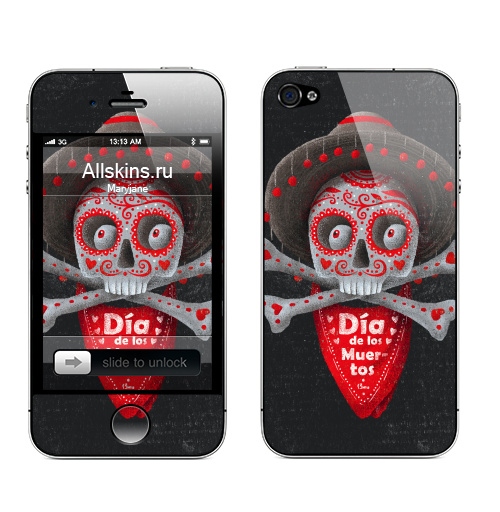 Наклейка на Телефон Apple iPhone 4S, 4 Dia de los Muertos,  купить в Москве – интернет-магазин Allskins, пикник, Мексика, череп, мертвый