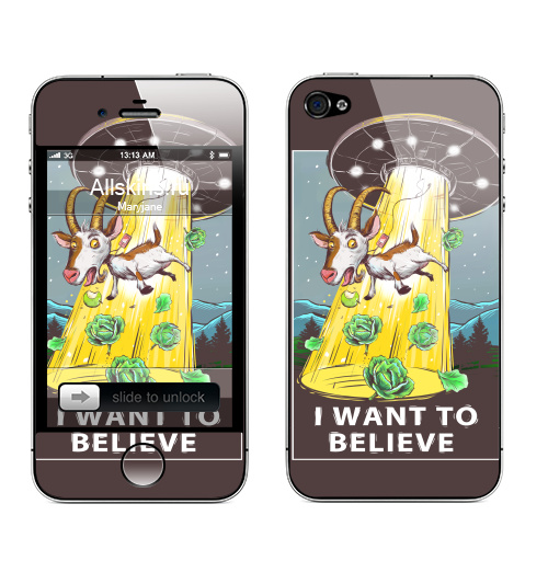 Наклейка на Телефон Apple iPhone 4S, 4 I want to believe,  купить в Москве – интернет-магазин Allskins, надписи, космос, иностранцы, овцы, гики, надписи на английском, 300 Лучших работ