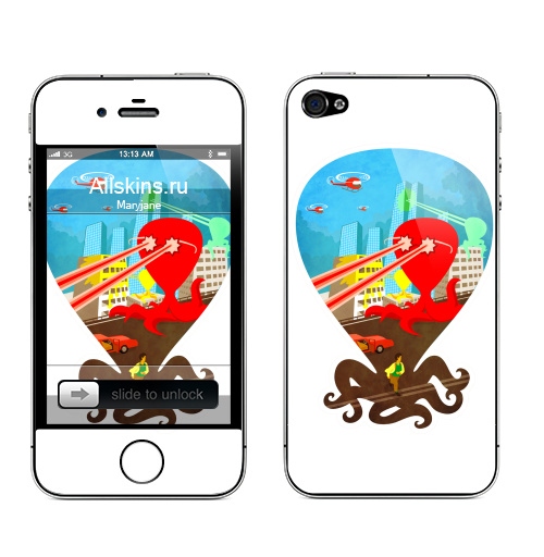 Наклейка на Телефон Apple iPhone 4S, 4 Атака цветных монстров,  купить в Москве – интернет-магазин Allskins, цвет, прикол, образ, монстры, космос, осьминог, персонажи