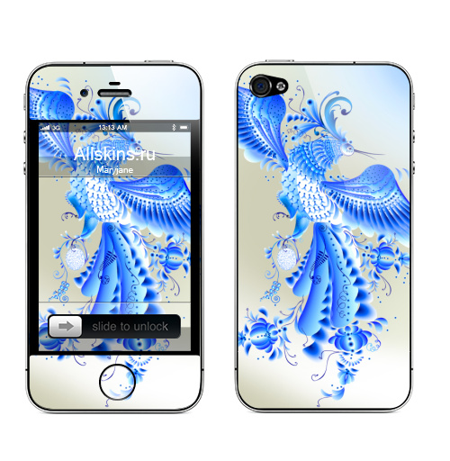 Наклейка на Телефон Apple iPhone 4S, 4 Синяя птица удачи в стиле гжельской росписи,  купить в Москве – интернет-магазин Allskins, Россия, гжель, голубой, Крылья, полёт, птицы, синий, этно