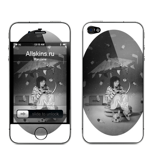 Наклейка на Телефон Apple iPhone 4S, 4 Чаепитие на луне,  купить в Москве – интернет-магазин Allskins, девушка, коробка, мороженое, полёт, сладости, собаки, черно-белое, печенье, коспос