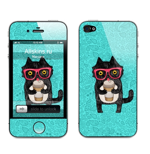 Наклейка на Телефон Apple iPhone 4S, 4 Coffee-cat,  купить в Москве – интернет-магазин Allskins, кошка, чай и кофе