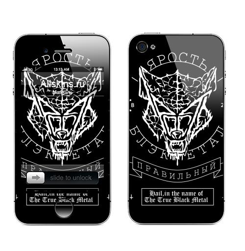 Наклейка на Телефон Apple iPhone 4S, 4 Трублэкметал.рбгр,  купить в Москве – интернет-магазин Allskins, музыка, графика, волк, собаки, черно-белое, металл, рокнролл, тяжелый, rock, надписи