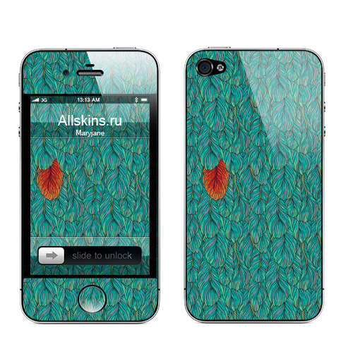 Наклейка на Телефон Apple iPhone 4S, 4 Перышки,  купить в Москве – интернет-магазин Allskins, индеец, зеленый, красный, паттерн, перья