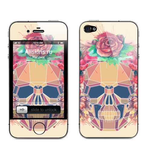 Наклейка на Телефон Apple iPhone 4S, 4 Polygonal human skull and watercolor wreath.Los muertos. ,  купить в Москве – интернет-магазин Allskins, цветы, череп, символика, венок