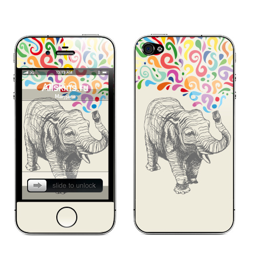 Наклейка на Телефон Apple iPhone 4S, 4 Слон,  купить в Москве – интернет-магазин Allskins, 300 Лучших работ, животные, графика, брызги, слоны, разноцветное, фонтан