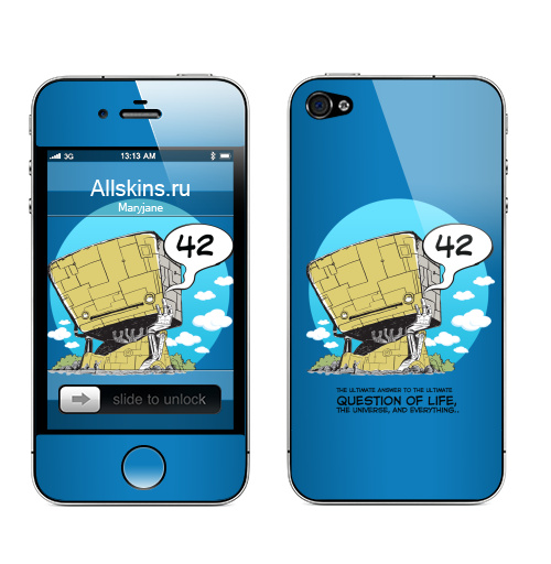 Наклейка на Телефон Apple iPhone 4S, 4 42 v2,  купить в Москве – интернет-магазин Allskins, робот, путешествия, галлактика, автостоп, дуглас, адамс