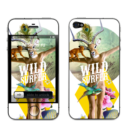 Наклейка на Телефон Apple iPhone 4S, 4 Wild surfer,  купить в Москве – интернет-магазин Allskins, рыба, йога, морская, олень, природа, птицы, серфинг, антилопа