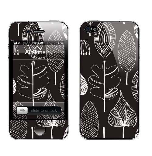 Наклейка на Телефон Apple iPhone 4S, 4 Black & white leaves,  купить в Москве – интернет-магазин Allskins, цветы, графика, лес, листья, осень, природа, черно-белое, необычный