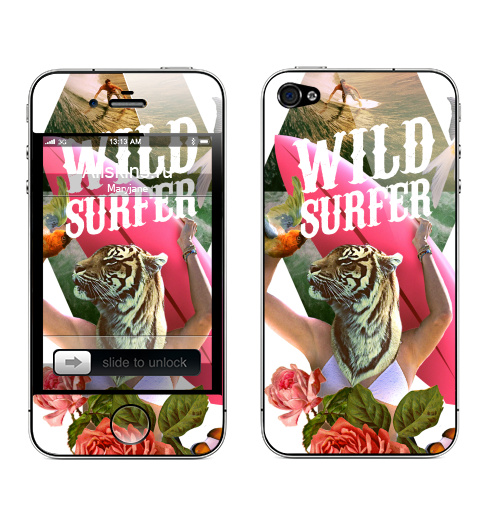 Наклейка на Телефон Apple iPhone 4S, 4 Wild surfer2,  купить в Москве – интернет-магазин Allskins, тигры, морская, волны, серфинг