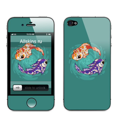Наклейка на Телефон Apple iPhone 4S, 4 Кои,  купить в Москве – интернет-магазин Allskins, цвет, рыба, вода, яркий, водоем, пруд, кои, плавники