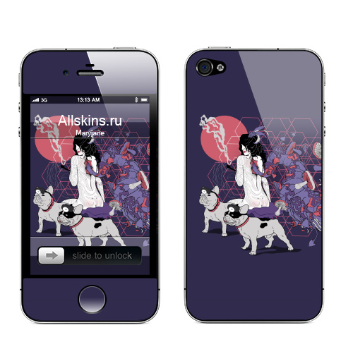 Наклейка на Телефон Apple iPhone 4S, 4 Dogs-guide,  купить в Москве – интернет-магазин Allskins, бульдог, собаки, дама, грибы, абстракция