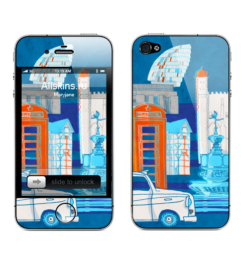 Наклейка на Телефон Apple iPhone 4S, 4 Город Лондон,  купить в Москве – интернет-магазин Allskins, город, Англия, автомобиль, синий
