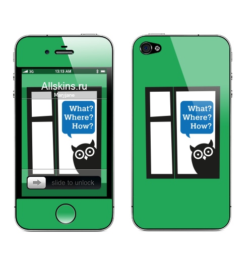 Наклейка на Телефон Apple iPhone 4S, 4 What? Where? How?,  купить в Москве – интернет-магазин Allskins, вопросы, птицы, сова, окно