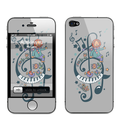 Наклейка на Телефон Apple iPhone 4S, 4 Волшебный ключик,  купить в Москве – интернет-магазин Allskins, музыка, цветы, тигры, звезда, ключ, ноты, пианино, детские, скрипичный