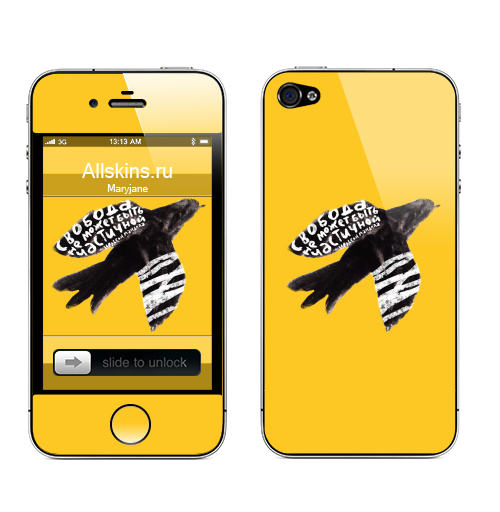 Наклейка на Телефон Apple iPhone 4S, 4 Almost free,  купить в Москве – интернет-магазин Allskins, черно-белое, amnesty, птицы, краски, типографика, свобода
