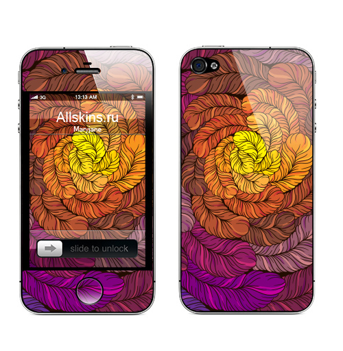 Наклейка на Телефон Apple iPhone 4S, 4 Осенние перышки,  купить в Москве – интернет-магазин Allskins, осень, паттерн, перья, птицы