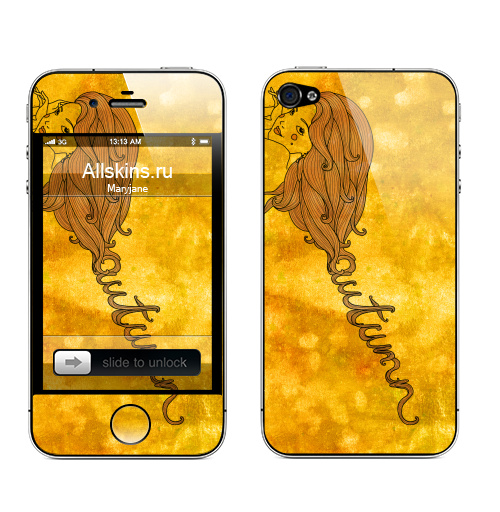 Наклейка на Телефон Apple iPhone 4S, 4 Autumn girl ,  купить в Москве – интернет-магазин Allskins, девушка, золото, осень