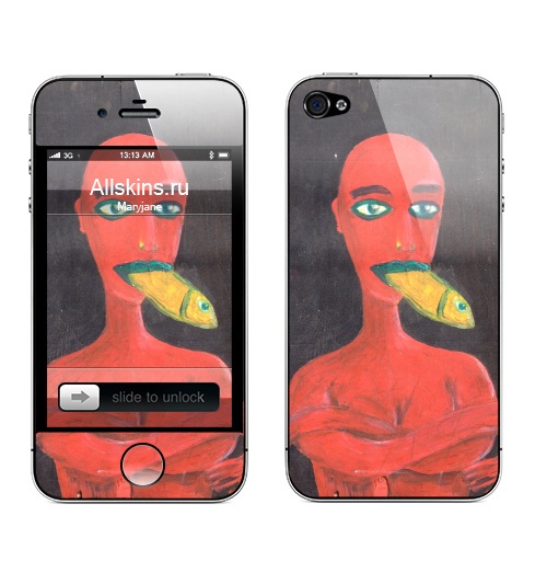 Наклейка на Телефон Apple iPhone 4S, 4 Red woman with a fish in his mouth,  купить в Москве – интернет-магазин Allskins, рыба, девушка