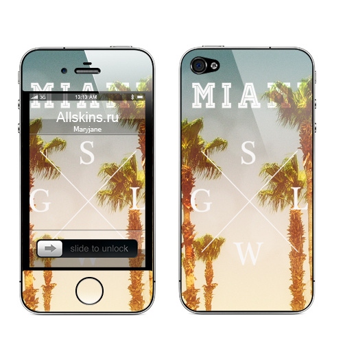 Наклейка на Телефон Apple iPhone 4S, 4 Miami,  купить в Москве – интернет-магазин Allskins, надписи на английском, хипстер, маями, лето, винтаж, типографика