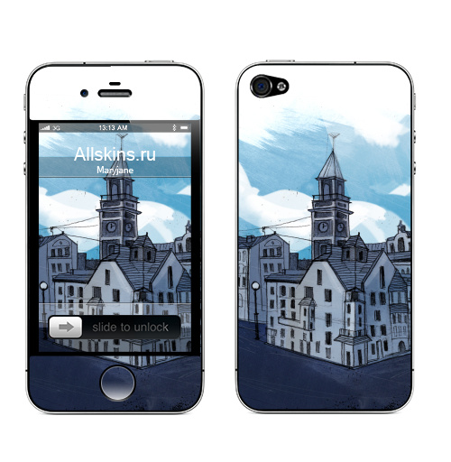 Наклейка на Телефон Apple iPhone 4S, 4 Whale city,  купить в Москве – интернет-магазин Allskins, животные, город, киты, небо, якорь