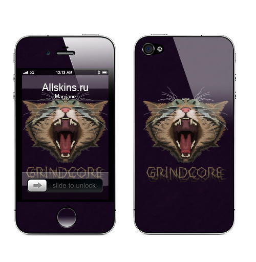 Наклейка на Телефон Apple iPhone 4S, 4 Grindcore Cat,  купить в Москве – интернет-магазин Allskins, музыка, кошка, музыкант