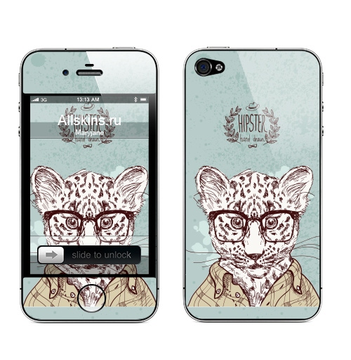 Наклейка на Телефон Apple iPhone 4S, 4 Hipster wild,  купить в Москве – интернет-магазин Allskins, милые животные, ретро, животные, тигры, винтаж, очки, хипстер