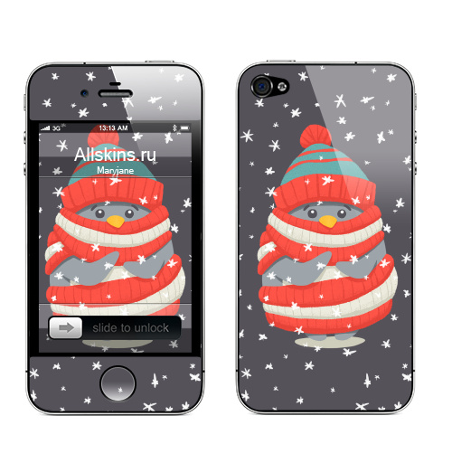 Наклейка на Телефон Apple iPhone 4S, 4 Пингвин в шарфе и шапке,  купить в Москве – интернет-магазин Allskins, новый год, зима, лес, пингвин, снег, шапка, шарф, замерз