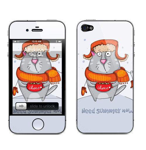 Наклейка на Телефон Apple iPhone 4S, 4 I need summer..,  купить в Москве – интернет-магазин Allskins, надписи на английском, теплая, кошка, зима, надписи, новый год, прикол
