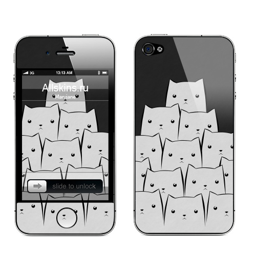 Наклейка на Телефон Apple iPhone 4S, 4 White Cats,  купить в Москве – интернет-магазин Allskins, уши, черный, кошка, белый, животные, черно-белое, 300 Лучших работ
